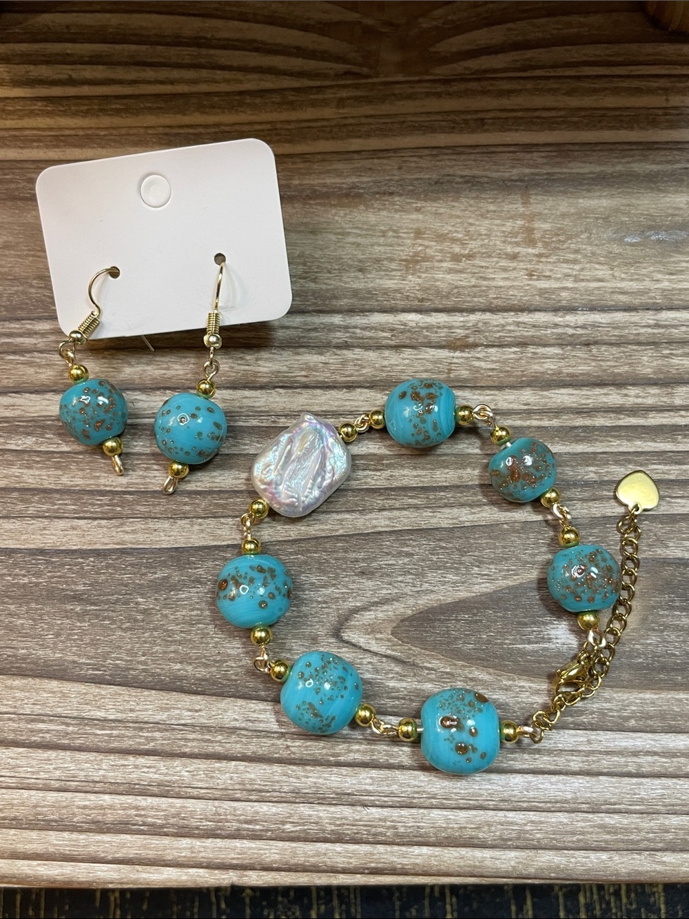 Turquoise Glass Beaded Necklace Earring Set Gold Speckled Baroque Pearl Real